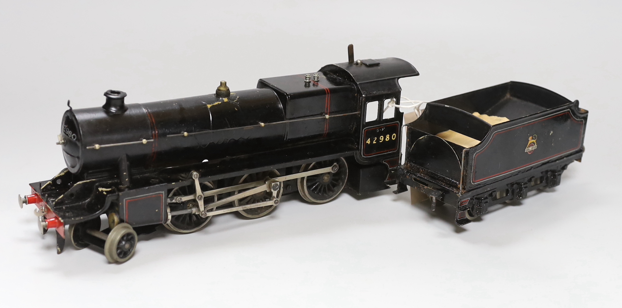 Bassett - Lowke gauge O spirit fired steam locomotive and six wheeled tender, boxed, hooked together 44cm long